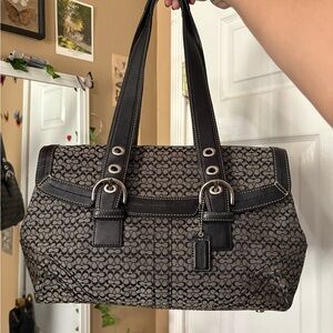 Coach Black and Gray Shoulder Bag with Signature Monogram